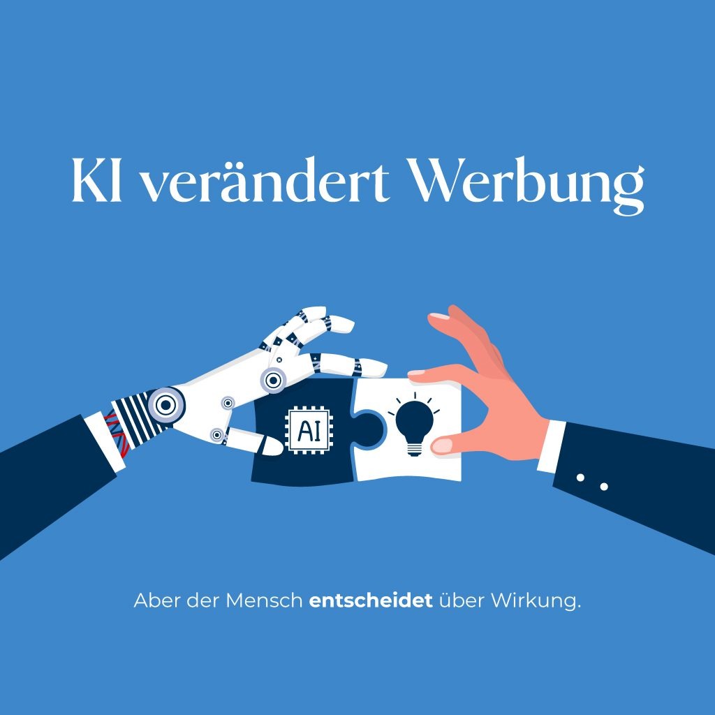 A robotic hand and a human hand exchange puzzle pieces labeled with AI and a lightbulb, representing the collaboration between humans and artificial intelligence in advertising.