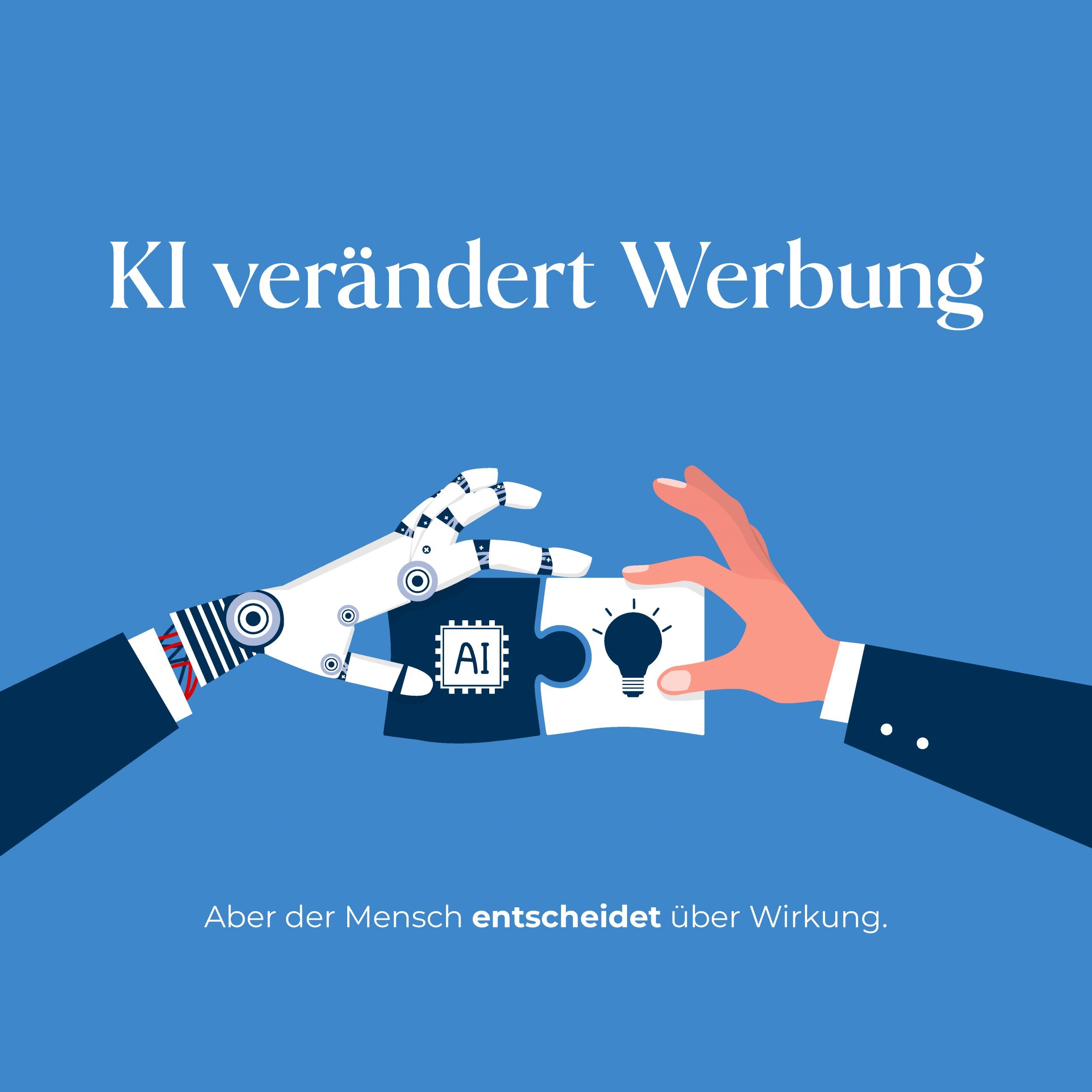 A robotic hand and a human hand exchange puzzle pieces labeled with AI and a lightbulb, representing the collaboration between humans and artificial intelligence in advertising.